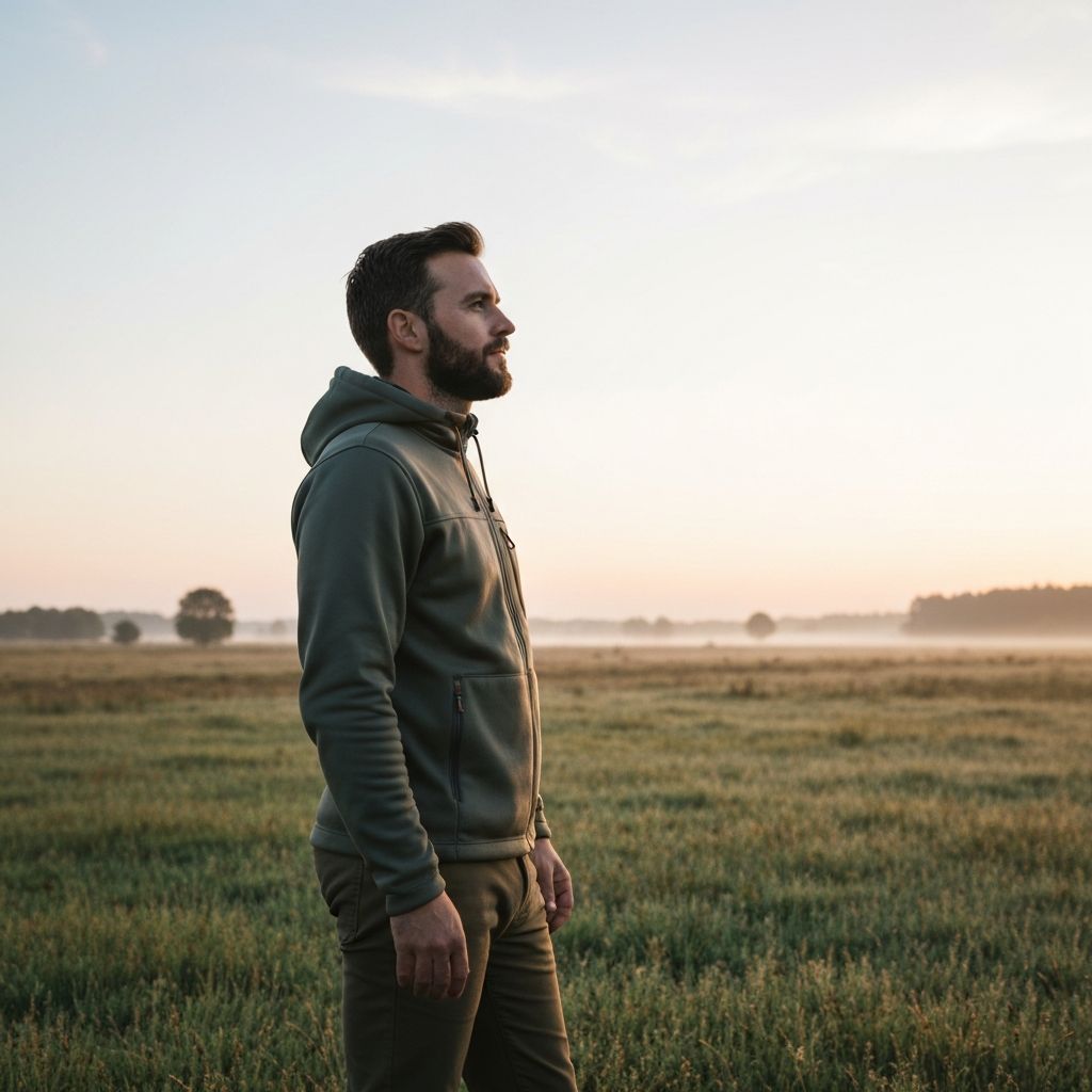 Pria melihat ke cakrawala dengan latar belakang alam