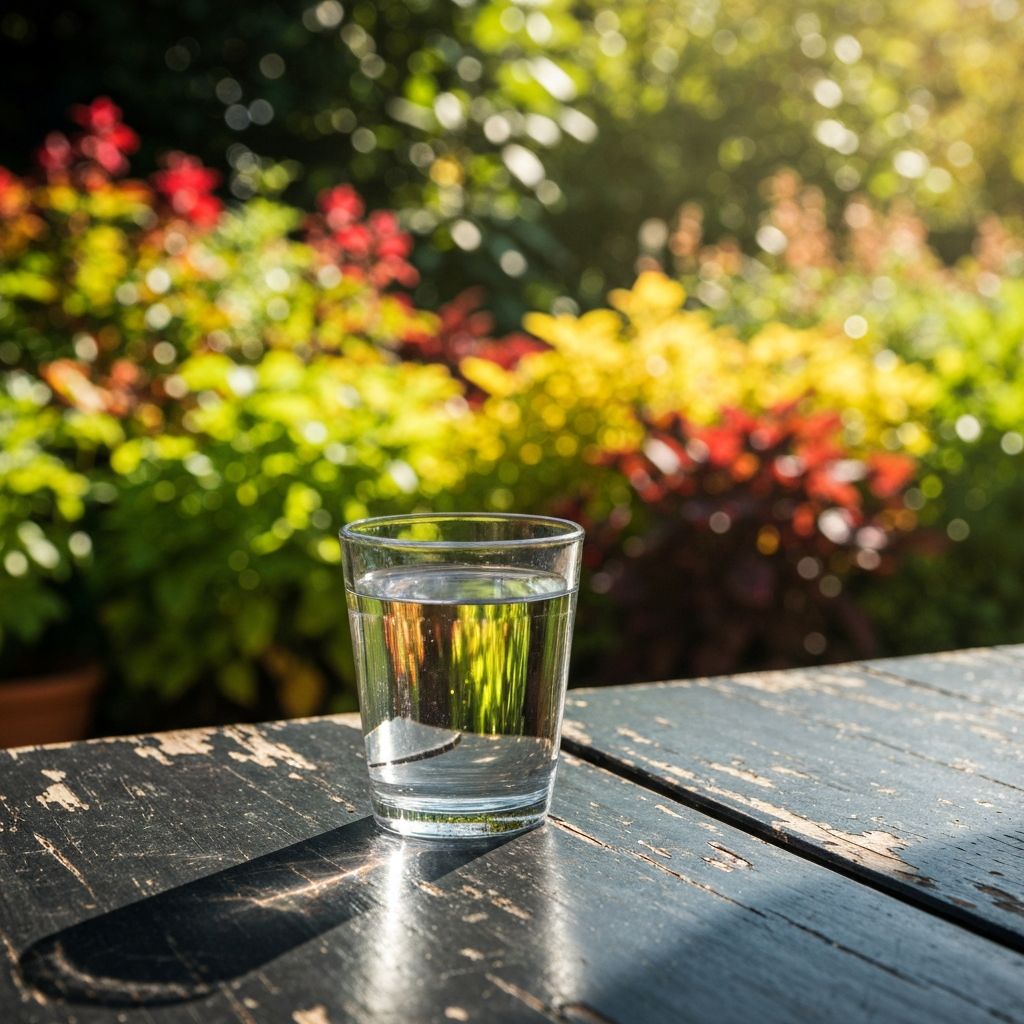 Segelas air jernih dengan latar belakang taman